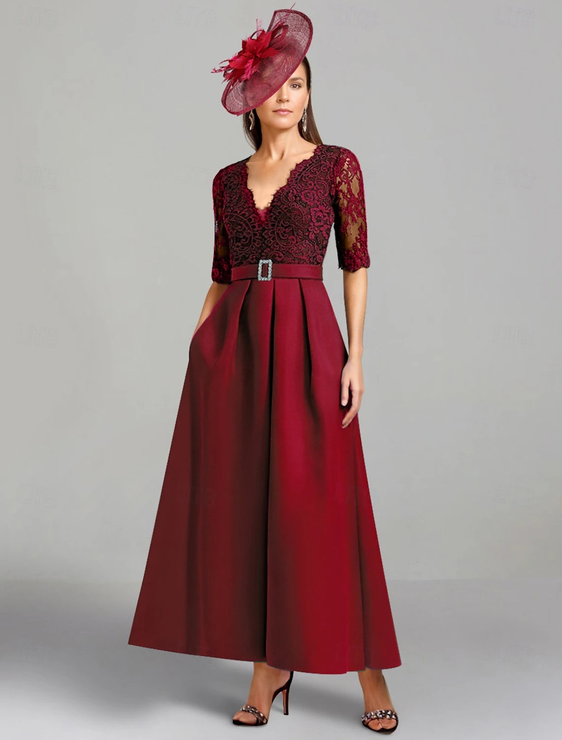 Buyishang A-Line Dress Mother of the Bride Dress Elegant High Low V Neck Asymmetrical Ankle Length Satin Lace Half Sleeve with Lace Color Block free custom size